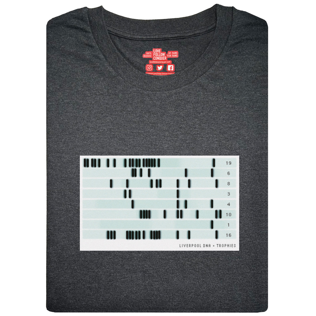 Liverpool DNA = Trophies Timeline charcoal t-shirt