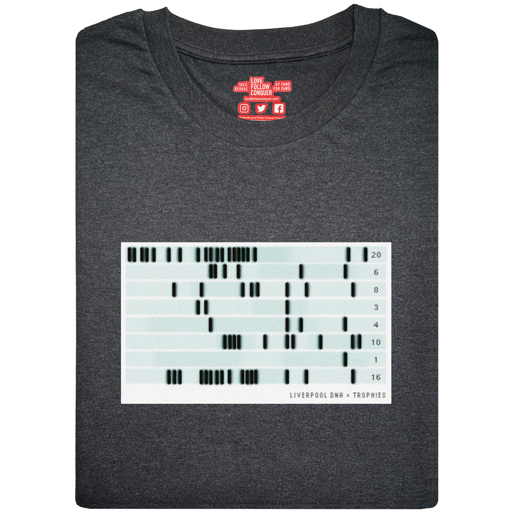 Love Follow Conquer T-Shirts Liverpool DNA = Trophies Timeline charcoal t-shirt