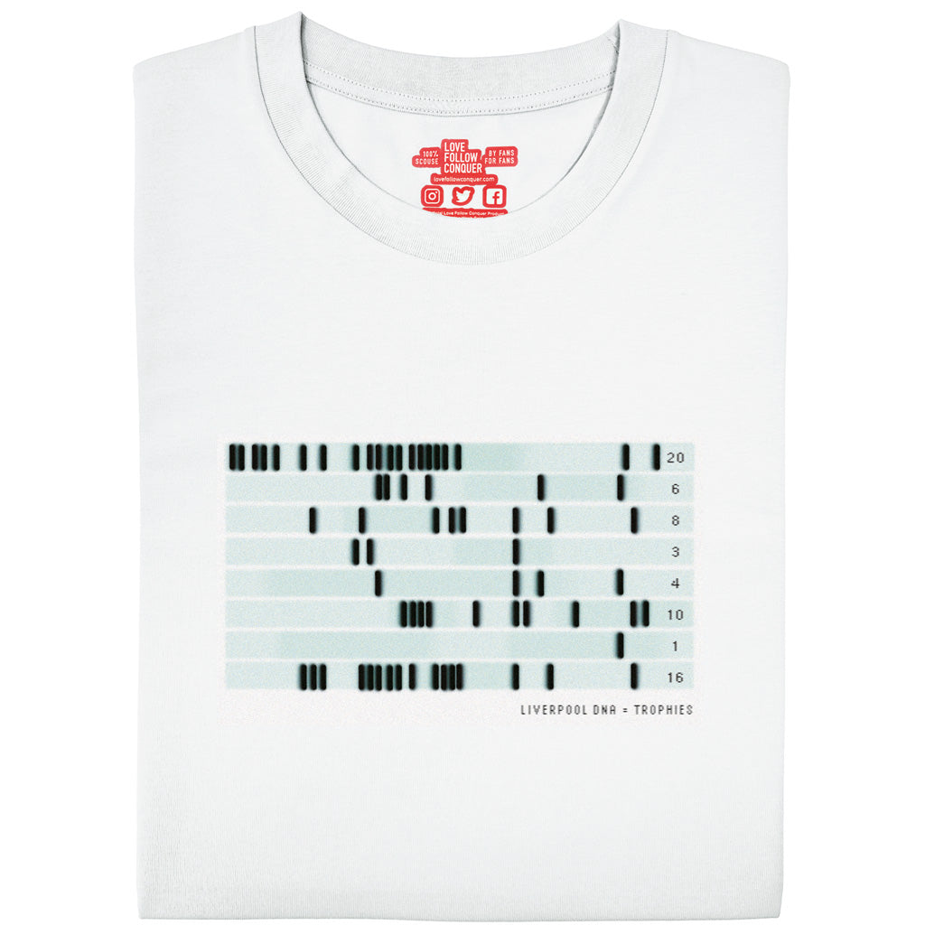 Love Follow Conquer T-Shirts Liverpool DNA = Trophies Timeline white t-shirt